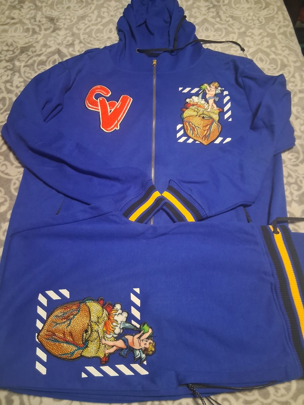 Men's Royal Blue Graphic Zip-Up Hoodie with Embroidered Patches